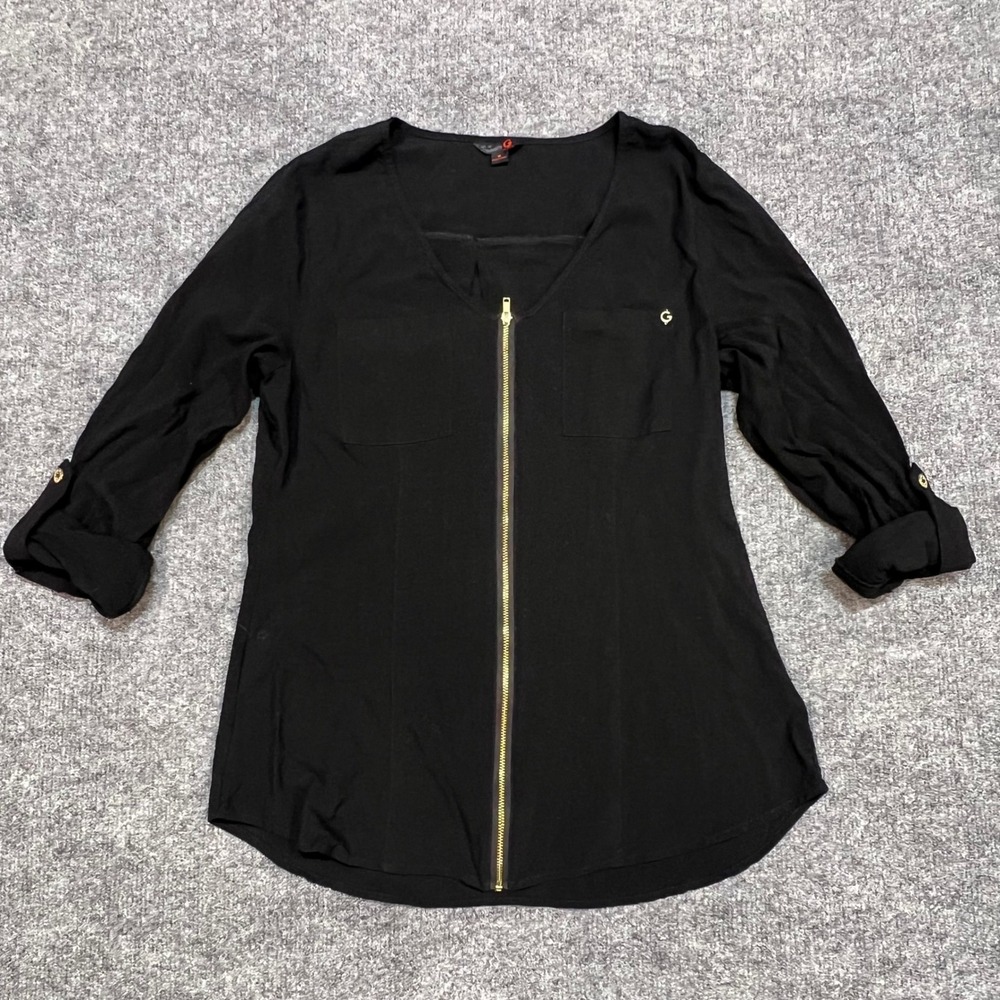 G by Guess Zip Front Blouse Womens Medium Black Roll Tab Sleeve Career